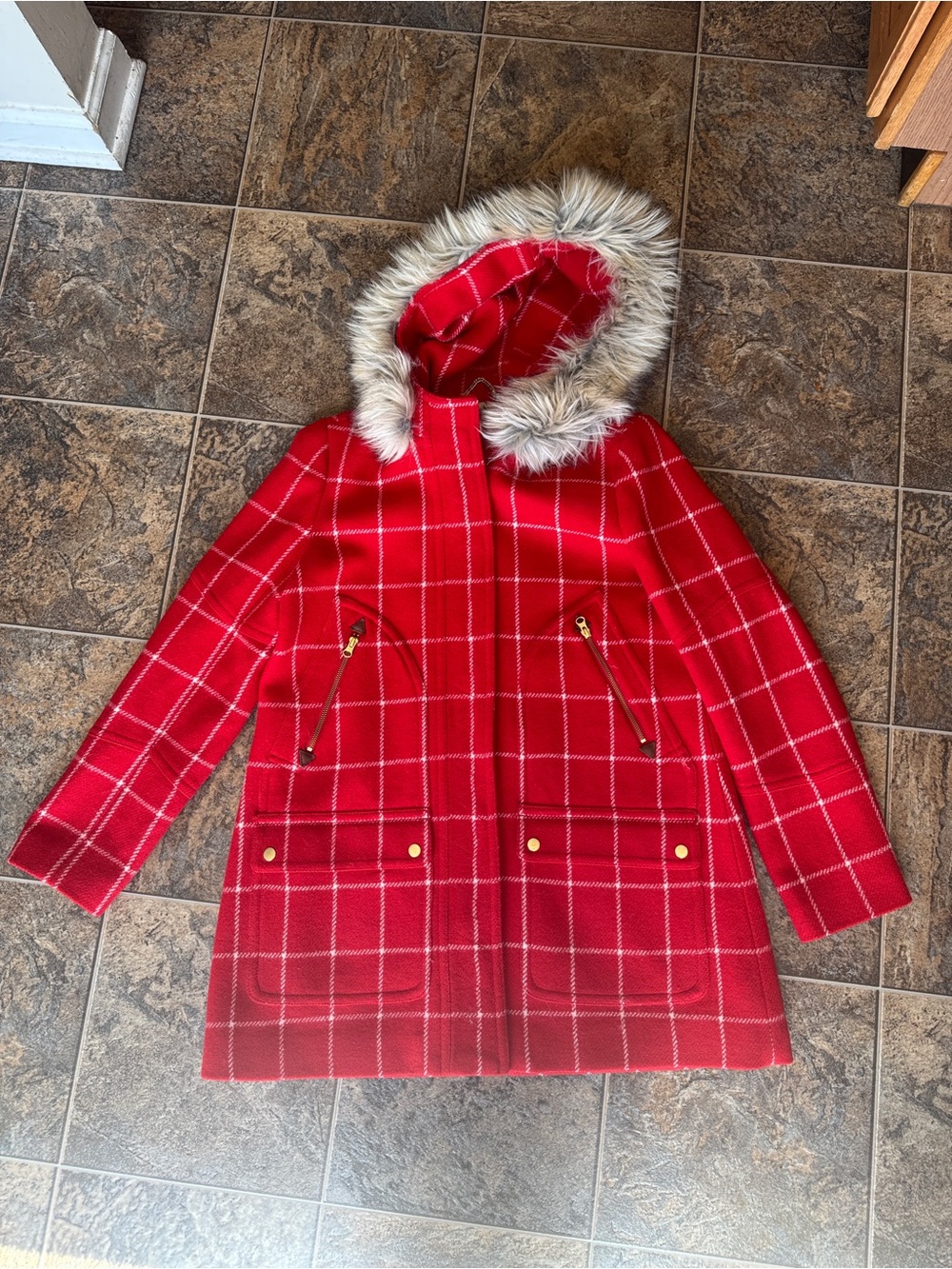 J. Crew Chateau Stadium Cloth Wool Windowpane Plaid Parka- Red, Women’s Size 10